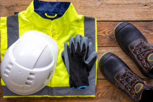 Flat lay, tablet and builder uniform items, builder work and repair concept.